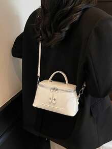 Chic High-End Niche Double Zipper Design Litchi Texture Handbag, Minimalist Summer Shoulder Crossbody Bag - White - View 3