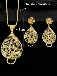 SEQUITO 3 Stücke Set aus temperamentvoller gelb-goldener, vergoldeter Hochzeits-Party-Kleid-Accessoires, Cut Out, großer Wassertropfen-Anhänger, Halskette, lange Hänge-Ohrhänge, Brautschmuck