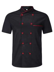 Short-Sleeved Solid-Color Double-Breasted Stand-Collar Chef's Uniform For Men, Suitable For Hotels, Restaurants And Catering Establishments, Anti-Stain Chef's Clothing - Black - View 1
