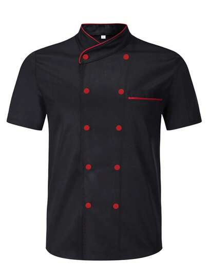 Short-Sleeved Solid-Color Double-Breasted Stand-Collar Chef's Uniform For Men, Suitable For Hotels, Restaurants And Catering Establishments, Anti-Stain Chef's Clothing