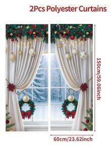 2pcs Christmas Decorative Curtains, Xmas Wreath Ball Pine Branches Design Long Curtains, Red White And Green Polyester Panels Doorway Curtains Decoration For Living Room, Bedroom, Kitchen And Bathroom,Machine Washable, Merry Christmas Party Background Decoration, Xmas Party Gifts,Christmas Decoration,Xmas Decor,Photography Props,Christmas Atmosphere Decoration Ornaments, Party Favors - Multicolor - View 4