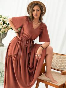 Rusttydustty Plus Size Solid Color V-Neck Short Sleeve Pleated Patchwork Casual Summer Dress - Burnt Orange - View 5