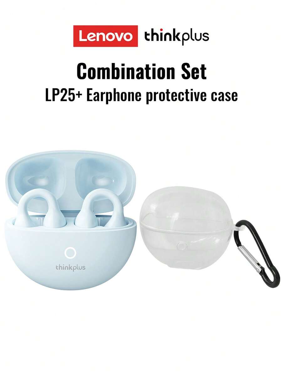 Lenovo LP25 Bluetooth Earphones With Transparent Protective Case, Earhook Style Sports Earbuds, Bluetooth 5.4, ENC Call Noise Cancellation, Long Battery Life, Smart Touch Control, Open-Fit Wireless Headphones Compatible With Apple & Android Tablets