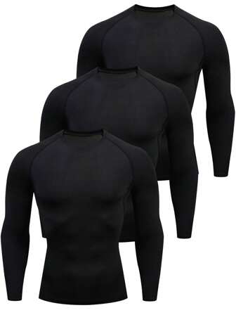 3 件男士压缩衬衫，透气速干基本款长袖运动 T 恤，高弹力纯色圆领，适合健身、跑步、休闲和户外活动
