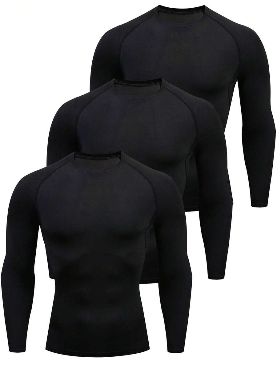 3pcs Men's Compression Shirts, Breathable Quick Dry Basic Long Sleeve Athletic T-Shirts, High Elastic Solid Color Crew Neck, Suitable For Gym, Running, Casual And Outdoor Activities Black Spring Sports - Black - View 1