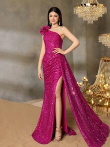 Alisa&Leo Teen Girls' Sequin One-Shoulder Evening Gown With Ruffled Layers & Asymmetrical Slit - Fish Tail Skirt & Shimmering Finish For Graduation Balls, School Events & Teen Galas - Hot Pink - View 7