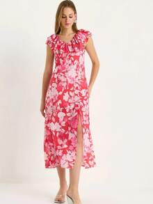 BIANCO LUCCI 夏季波西米亚风满花印花 V 领荷叶边开衩连衣裙 - 粉色 - 查看 7