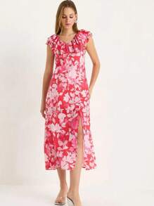 BIANCO LUCCI Zomer Boho Allover Bloemenprint V-hals Ruffle Trim Split Dij Jurk