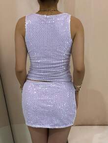 Women Mini Skirt Sequined Low Waist Slim Fit Party Club Night Out Sparkly Korean Style Hot - Màu tím - Xem 10