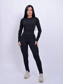 Ana Ruga Cropped Long Sleeve Simple None Beach Set - Negro - Ver 1