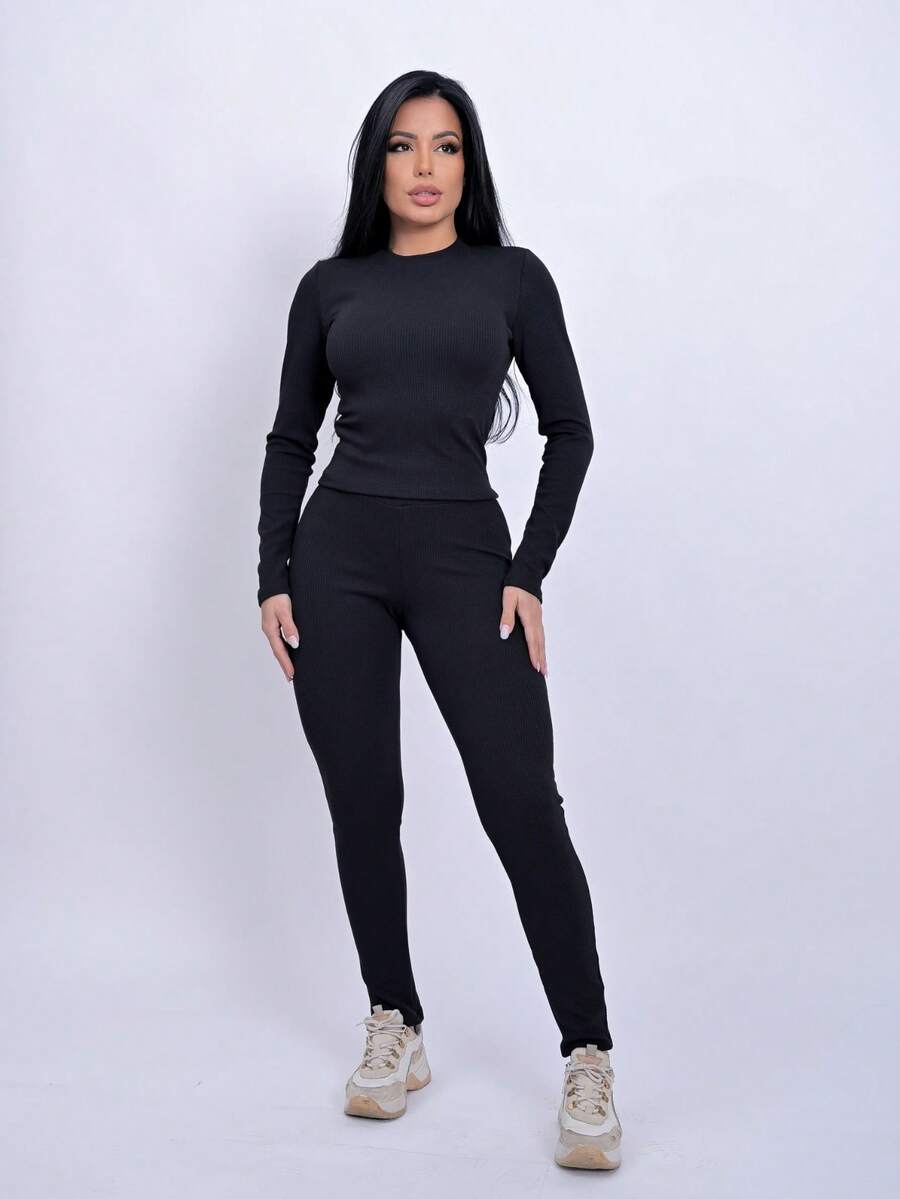 Ana Ruga Cropped Long Sleeve Simple None Beach Set - Negro - Ver 1