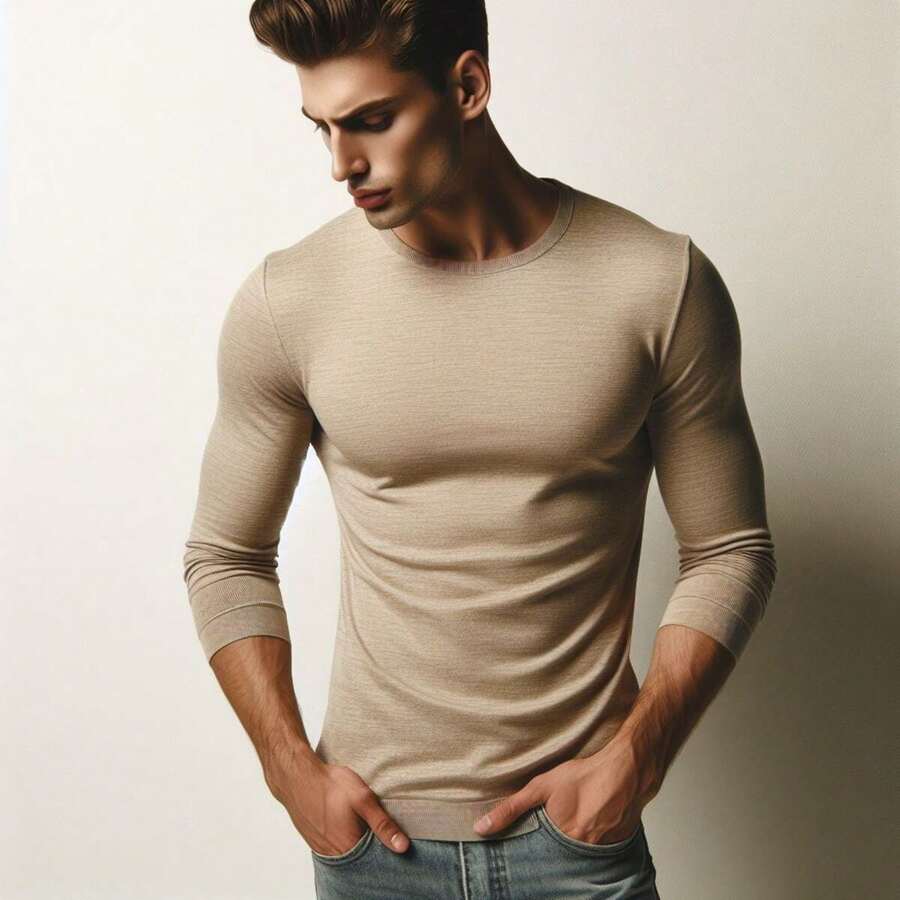 Playera Hombre, Manga Larga, Cuello Redondo, Corte Ajustado - Beis - Ver 1