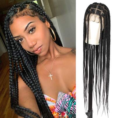 Peluca trenzada de fibra sintética con encaje de 36 pulgadas extra grande con cabello de bebé, peluca trenzada con encaje frontal para mujeres