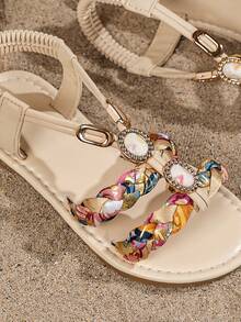 1 par de sandalias planas de moda para niños, sandalias de estilo bohemio, sandalias de tejido a mano coloridas con decoración de diamantes brillantes, adecuadas para la escuela, vacaciones y uso en la playa - Beis - Ver 6