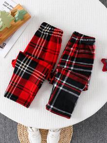 2 件套儿童男童休闲法兰绒内衬格子条纹印花裤，适合春季、秋季、冬季 - 紅色 - 查看 2
