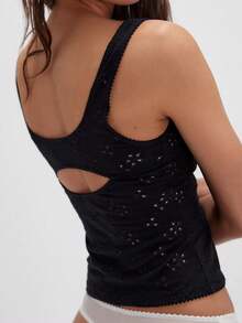 Women Summer Crop Tank Tops Y2k Eyelet Floral Square Neck Backless Vest Top Slim Fitted T Shirt Going Out Tops Tight Lace Up Camisole Beach Vacation Tops Streetwear Aesthetic Clothes - màu đen - Xem 2