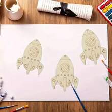 未完成的木质火箭形状切片，木质火箭工艺品，DIY绘画和涂鸦材料木片，节日家居装饰，悬挂装饰 - 彩色 - 查看 4