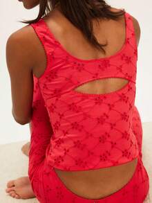 Women Summer Crop Tank Tops Y2k Eyelet Floral Square Neck Backless Vest Top Slim Fitted T Shirt Going Out Tops Tight Lace Up Camisole Beach Vacation Tops Streetwear Aesthetic Clothes - 紅色 - 查看 6