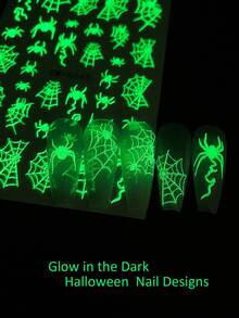 3pcs Glow-In-The-Dark Halloween Nail Stickers, Holiday Nail Art Design, Glow Spiders, Spider Webs, Dragons, Flames, Hands, Skulls Patterns, Self-Adhesive Slider Nail Art Decorations DIY Supplies, Holiday Decor - Multicolor - View 4