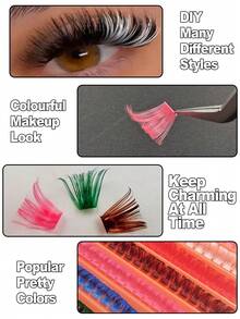 Asiteo 112pcs D Curl 100D Colored Fluffy False Eyelashes, Single Strand Fake Lashes, Natural Colors - Pink, Green, White, Red, Blue, Brown, Soft Fan-Shaped Single Strand Colored Lashes For DIY At Home - D - 查看 6