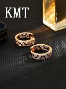 KMT 2pcs Copper Inlaid Zirconia Leopard & Snake Print Luxury Women's Fashion Earrings, Elegant Gift Box - Leopard Print - View 7