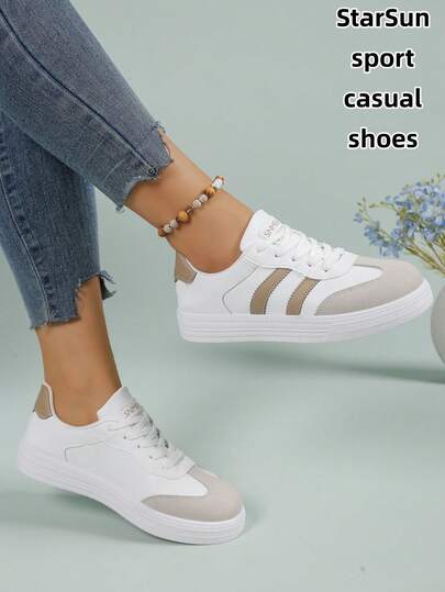 女式两件套皮革圆头系带厚底低帮多功能时尚休闲运动鞋，橡胶鞋底防水防滑耐磨轻便平底鞋，春秋季新款百搭白色运动鞋，适合日常穿着