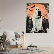 2D 平面，1 件装饰艺术现代复古万圣节帆布海报 - 白床单抱着黑猫和包裹，满月下的蝙蝠和墓碑，鲜艳的橙色和黑色高清印刷在包裹的帆布框架上，可直接悬挂在卧室、客厅的墙壁装饰中，独特的礼物创意，万圣节装饰，节日房间装饰，幽灵艺术品，高清艺术品，家居装饰，家居装饰品，2D 平面 - 彩色 - 查看 2