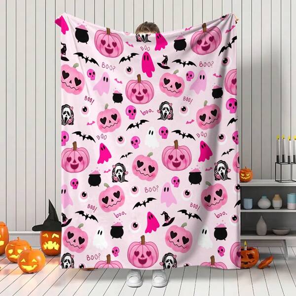 Halloween1pc Pink Cute And Funny Flannel Blanket,Printed With Pumpkins, Ghosts, Bats, Witch Hats, Skulls Throw Blankets, Blanket For Bed, Tapestry, Suitable For Home Decor, Bedroom Decor, Room Decoration Stuff, Living Room Decor, Picnic Blanket, Best Friend Gifts, Bed