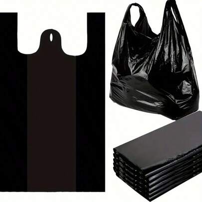 50 Durable Black Plastic Bags With Handles - Black Vest Style Multifunctional Shopping, Garbage, And Storage Bags Suitable For Kitchens, Bathrooms, Offices, And Supermarkets - Sturdy And Convenient Multi-Purpose Storage Bags For Kitchen Waste Disposal | Easy To Carry Handle Design