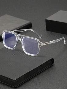 1 Pair Men's Square Frame Double Bridge Stylish Retro Fashion Personalized Flat Glasses, Suitable For Computer Office, Decoration, Daily Outfit