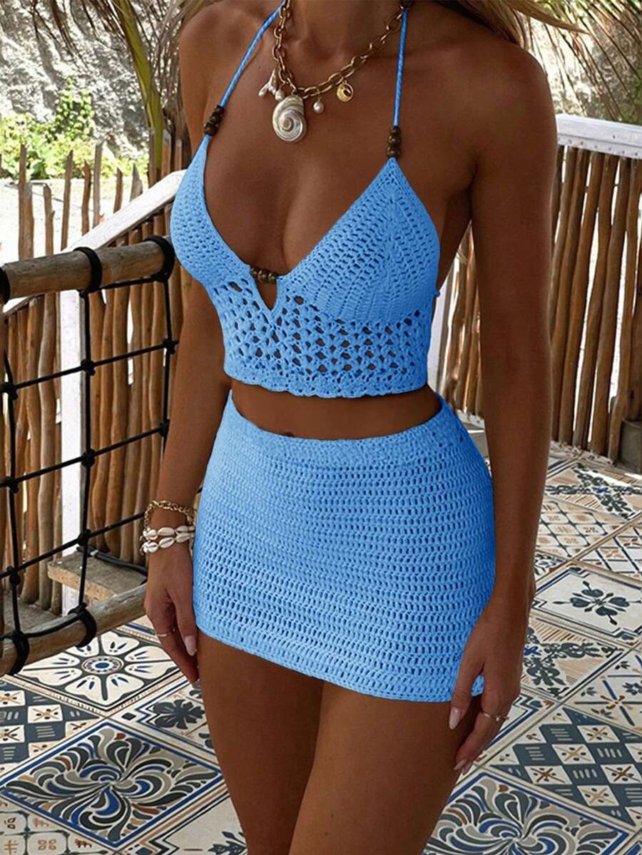 Bộ đồ 2 mảnh Yuwenier gợi cảm gồm áo hai dây cổ chữ V đính hạt, khoét lưng và chân váy mini ôm sát, trang phục đi biển mùa hè cho nữ. - Màu xanh lam - Xem 1