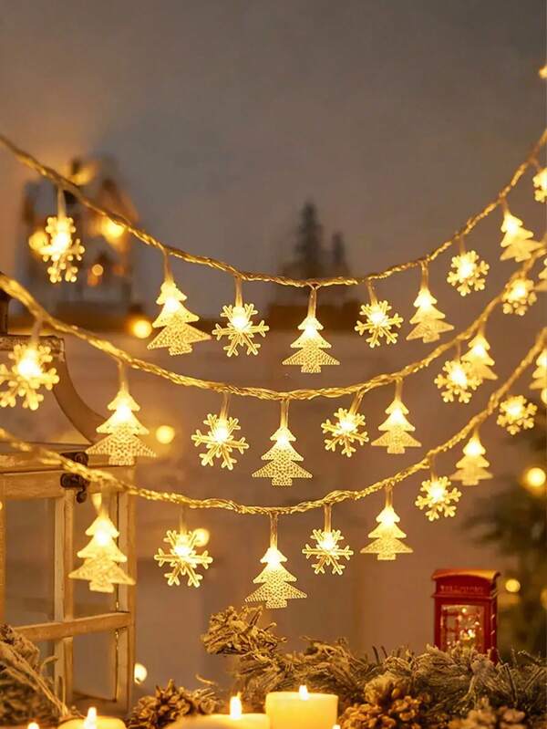 10 LED Schneeflocken- & Weihnachtsbaum-förmige LED-Lichterkette, Kunststoffmaterial, batteriebetrieben (Batterien nicht enthalten), festliche Feiertags-Party-Dekoration für Weihnachten, Thanksgiving, Neujahr, Hochzeit, Weihnachtsdekoration, Winterraumdekoration, Weihnachtsdekoration Zuhause, Weihnachtsgeschenke, Weihnachtsdekoration