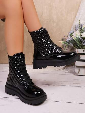 欧盟/英国风格厚底靴，黑色绗缝漆皮踝靴，加大码女鞋 41-43