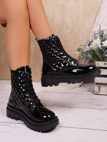 Buty na platformie w stylu UE/UK, czarne pikowane botki z lakierowanej skóry, buty damskie w dużych rozmiarach 41-43