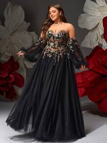 VIPGIRL Black Floral Embroidered Off Shoulder Ball Gown With Detachable Sleeves, Tulle Plus Size Formal Dress For Prom, Gala, Wedding Guest,Evening Dress Women Dresses,Evening Gowns Formal Plus