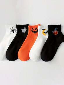 5 Packs Women's Halloween Ankle Socks - Spider, Bat, Pumpkin & Witch Hat Designs - Soft Ribbed Cuffs, Machine Washable - Assorted Orange & Black Colors For Halloween Parties & Casual Attire, Festive Footwear, Spooky Sock Designs, Comfortable Sock Material