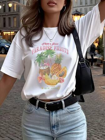 Plus Size Women's Summer Hand Drawn Tropical Fruits Pineapple Coconut Banana Palm Tree Graphic T-Shirt