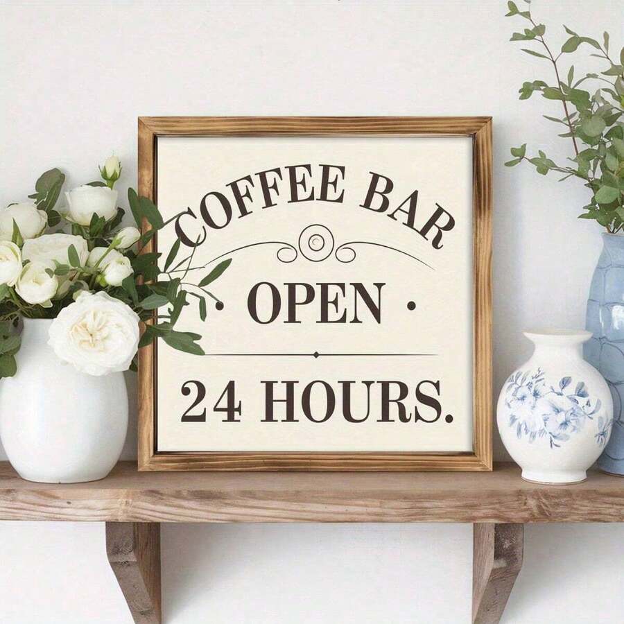 1pc 8x8 Inch Rustic Cafe Wooden Framed Sign, "Open 24 Hours", Suitable For Living Room, Kitchen, Office Wall Art Decor, Ideal Christmas Gift, Home Decoration - Multicolor - View 1