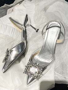 Zapatos de tacón alto sensuales para mujer en color liso, sandalias de tacón alto con puntera envolvente, zapatos de tacón alto, con cordones de diseño en la parte trasera, zapatos de tacón fino para mujer, perfectos para combinar con vestidos para asistir a reuniones, fiestas y bodas. - Plateado - Ver 4