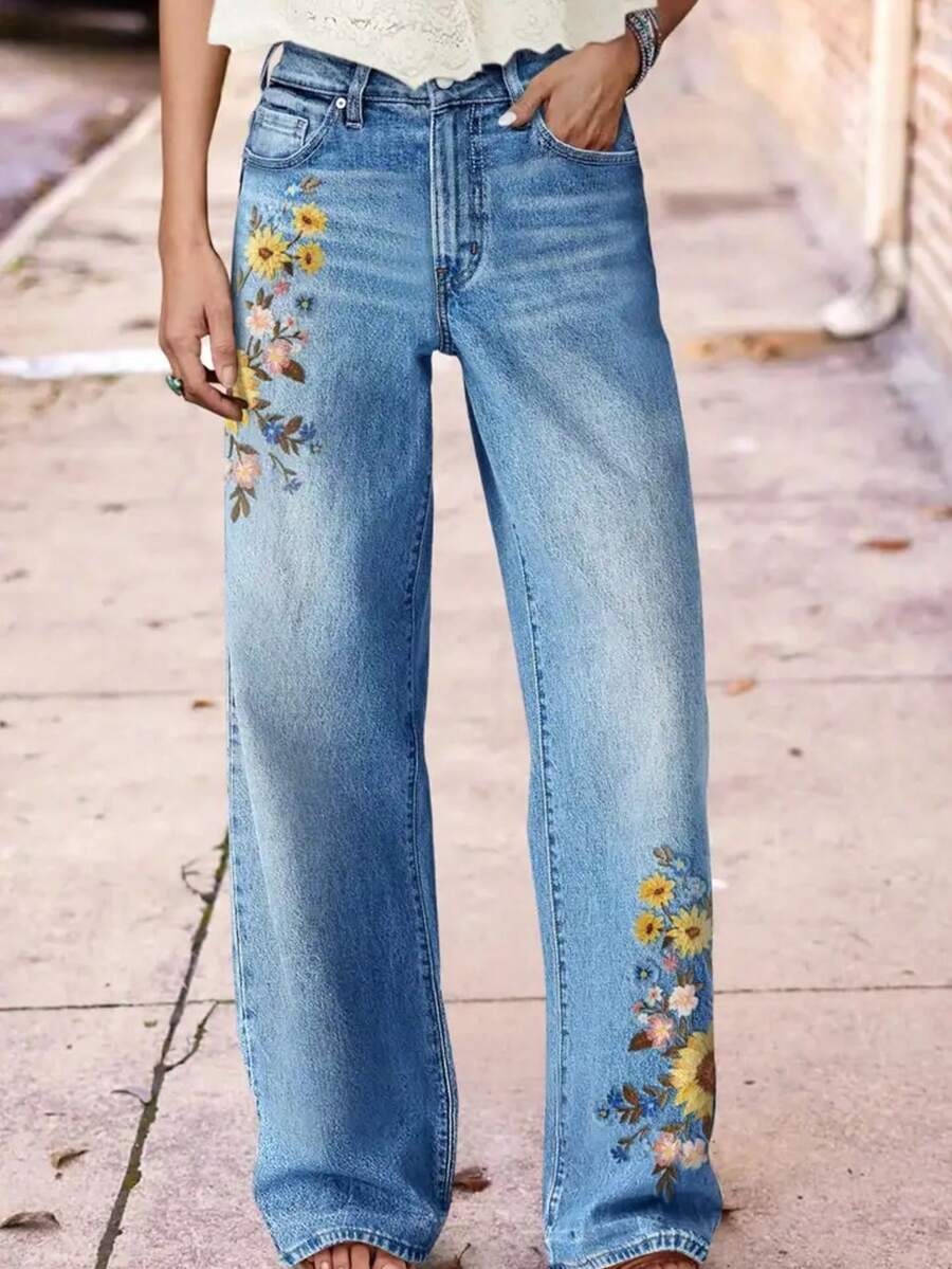 Women's Washed Blue Fashion Embroidered Print Micro-Elastic Slim Straight-Tight Casual Jeans Leaf Floral Pocket Zipper Button Daily - Rửa nhẹ - Xem 1