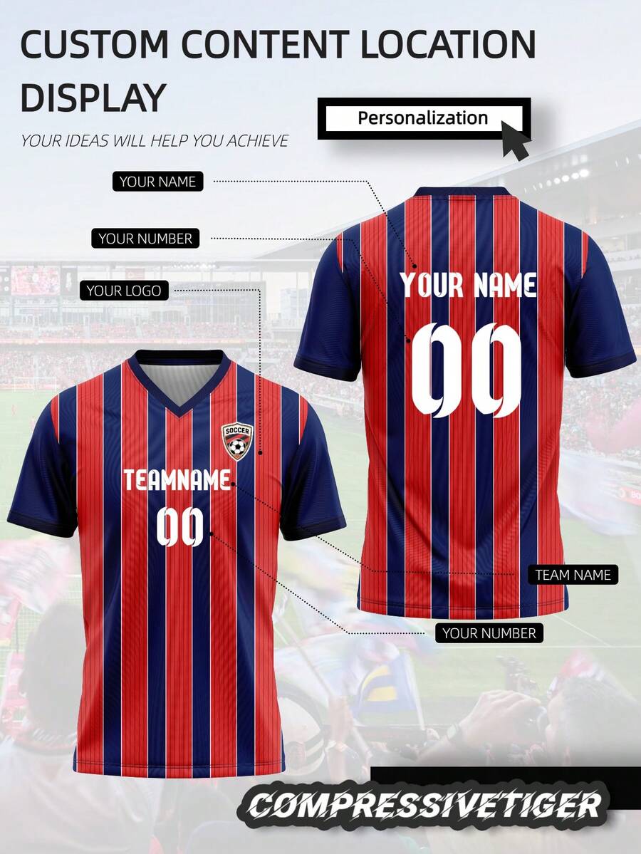 红色和蓝色定制男式足球球衣 - 个性化球队和您的姓名及号码印刷（正面/背面） - 速干透气运动衫 - 适用于足球训练、比赛和休闲穿着，适合足球迷
