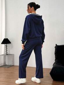 Conjunto  Compuesto Por Sudadera Con Capucha Y Cierre Y Pantalones Deportivo - Azul Marino - Ver 2