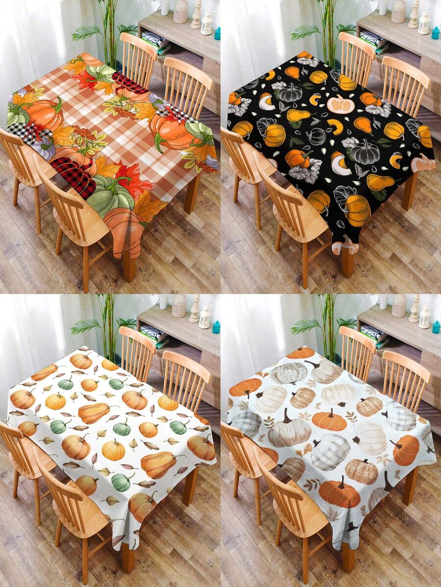 1pc Pumpkin Painting Pattern Tablecloth, Square Printed Tablecloth Suitable For Family Gatherings, Picnics, Kitchen And Dining Table Decor, Coffee Table Cover, Durable Tablecloth Mat, All-Season Home Decor Tablecloth Mat - Multicolor D - View 1