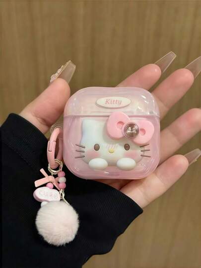  Sanrio INS Cute Standing Logo Crystal Bow Hello Kitty Compatible With Apple Earphone Case (With Pendant) IMD Anti-Fall KT Cat Pink Cartoon Girl Compatible With Apple Bluetooth Earphone Case With Pendant Compatible With Apple Air Prd Protective Case 1/2/Pro/3/Pro2/4 Generation Hello Kitty Model (Clear Earphones)