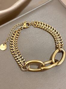 1PC Vintage Chain 18K Gold Plated Stainless Steel Mixed Link Bracelet For Women, Mom Gift, Teacher Gift, Back To School Gift, Halloween Gifts, Summer Travel Beach Jewelry, Boho Jewelry, Rave/Prom/Party/Daily Accessories, Wedding Items, Birthday Gift, Bridesmaid Gifts Christmas Gift - Multicolor - View 3