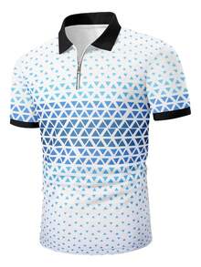 1pc New Men's Casual Summer Polo Shirt, Turndown Collar Zipper, 3D Geometric Plaid Print Short Sleeve Polo Shirt - White - View 1