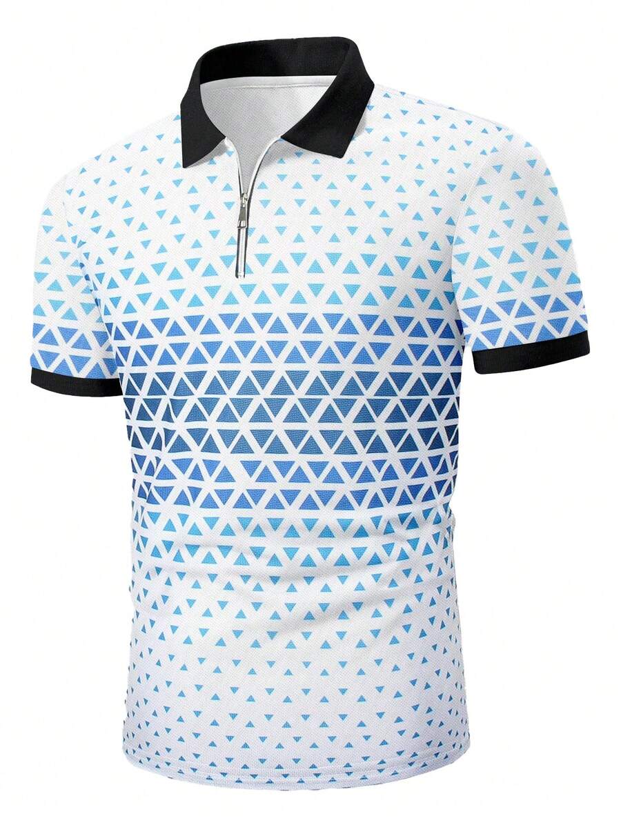 1pc New Men's Casual Summer Polo Shirt, Turndown Collar Zipper, 3D Geometric Plaid Print Short Sleeve Polo Shirt - White - View 1