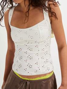 Women Summer Crop Tank Tops Y2k Eyelet Floral Square Neck Backless Vest Top Slim Fitted T Shirt Going Out Tops Tight Lace Up Camisole Beach Vacation Tops Streetwear Aesthetic Clothes - trắng - Xem 3
