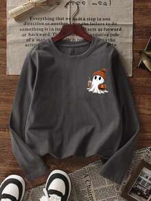 [Halloween Party]Tween Girl Cartoon Pumpkin Ghost Bat Round Neck Long Sleeve T-Shirt, Warm & Comfortable Base Layer Top For Autumn/Winter, Kids Top - Dark Grey - View 3