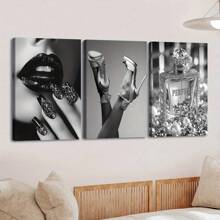 3pcs Wooden Framed Canvas, Fashion Women And Perfume Theme Posters, Fantasy Decorations, Frame Painting, Modern Art, Canvas, Perfect Gift For Friends And Family, Home, Room Mural, Office, For Living Room, Bedroom Wall Decor, HD, 8K, Odorless,